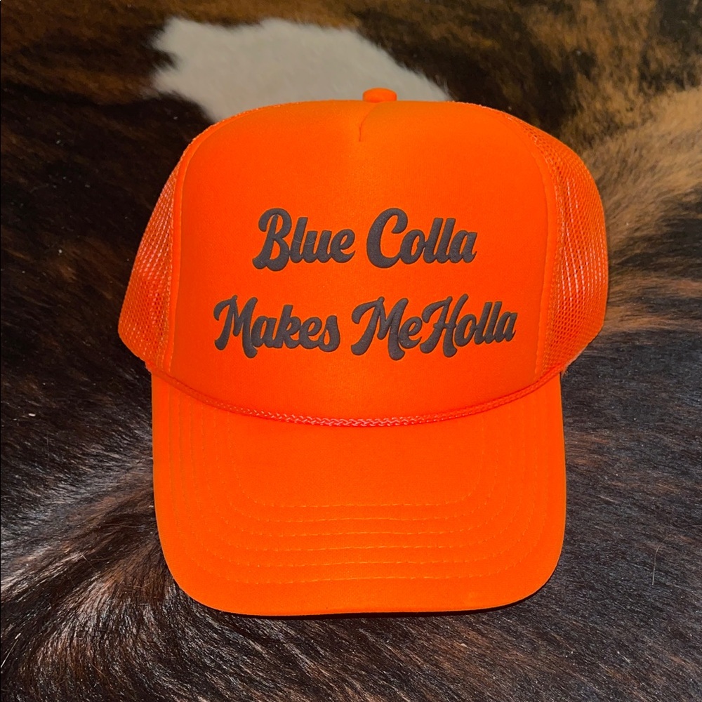 Orange Trucker Hat with Blue Colla Makes Me Holla Design